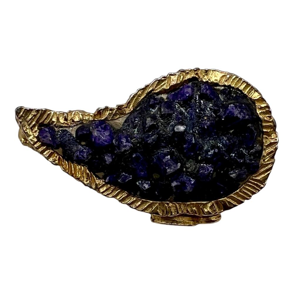 Signed Lester JOY Plique a Jour Purple Paisley BROOCH Gold Tone Costume Jewelry